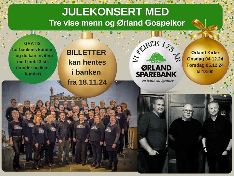 Plakat julekonsert Ørland Sparebank med bilde Tre Vise Menn og Ørland Gospelkor